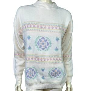 Vintage 80s Jolie Floral Fair Isle Mock Neck Sweater White Pastel USA Made S
